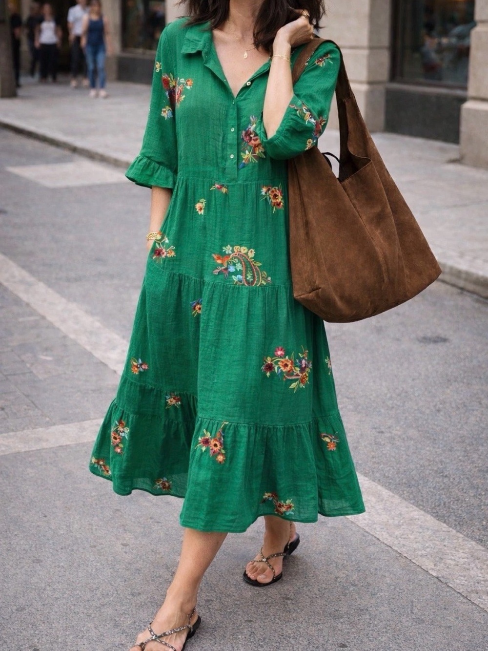 fig and flower Emerald Green Cottagecore Floral Tiered Midi Dress S